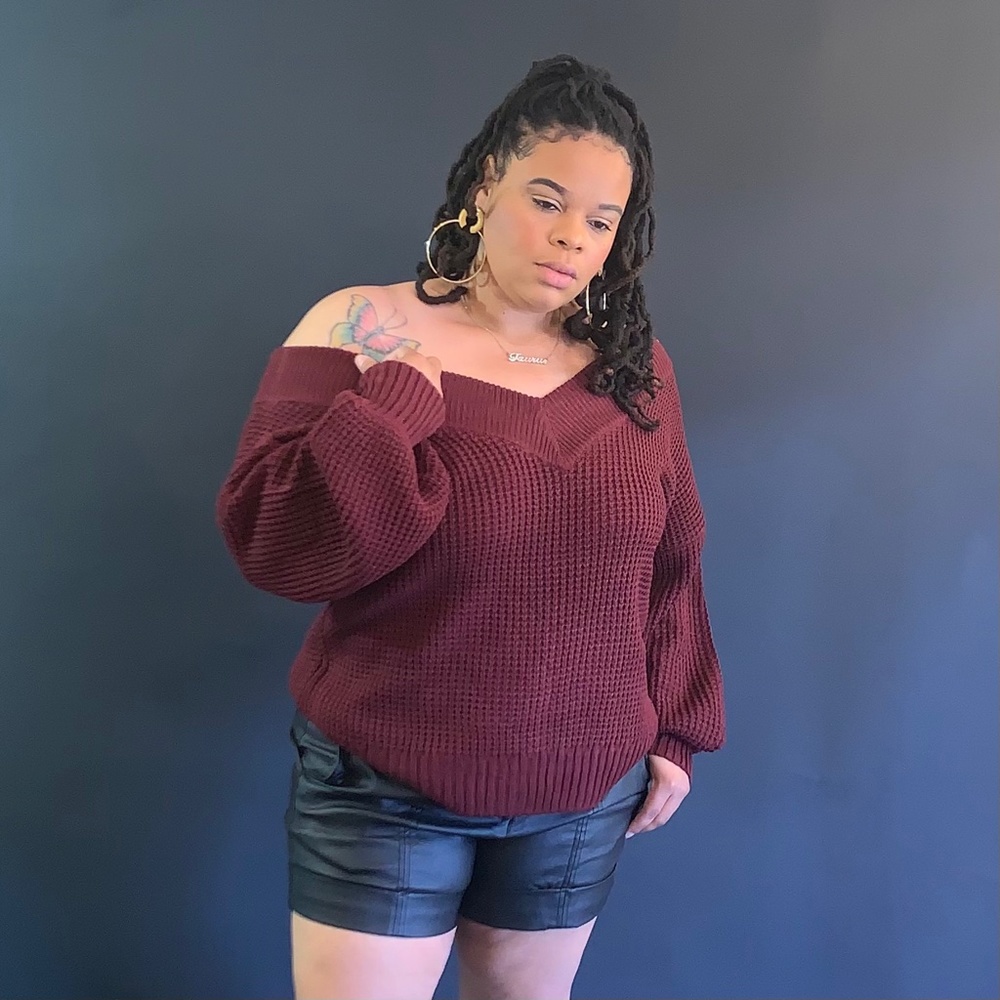 Shoulder Waffle Sweater(Burgundy)